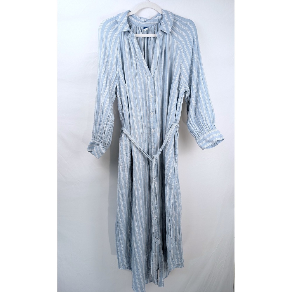 100% Cotton Gauze Striped Maxi Dress Size 2X Blue White Coastal Nautical Pockets - Picture 2 of 10